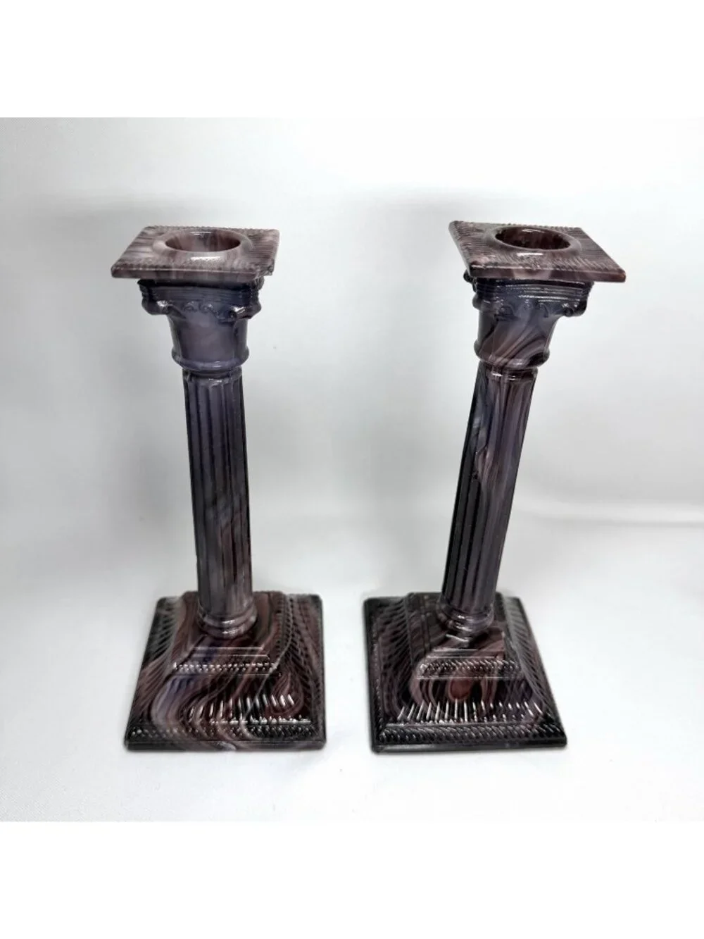 Pair Antique Sowerby Purple Slag Glass Candlesticks Press Moulded Victorian SEE